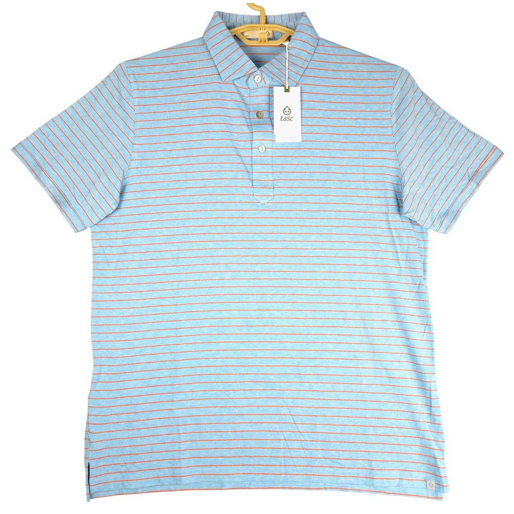 Tasc Performance Mens Everywear Polo Tidal Stripe Blue Orange TM723Y-466SP L NEW